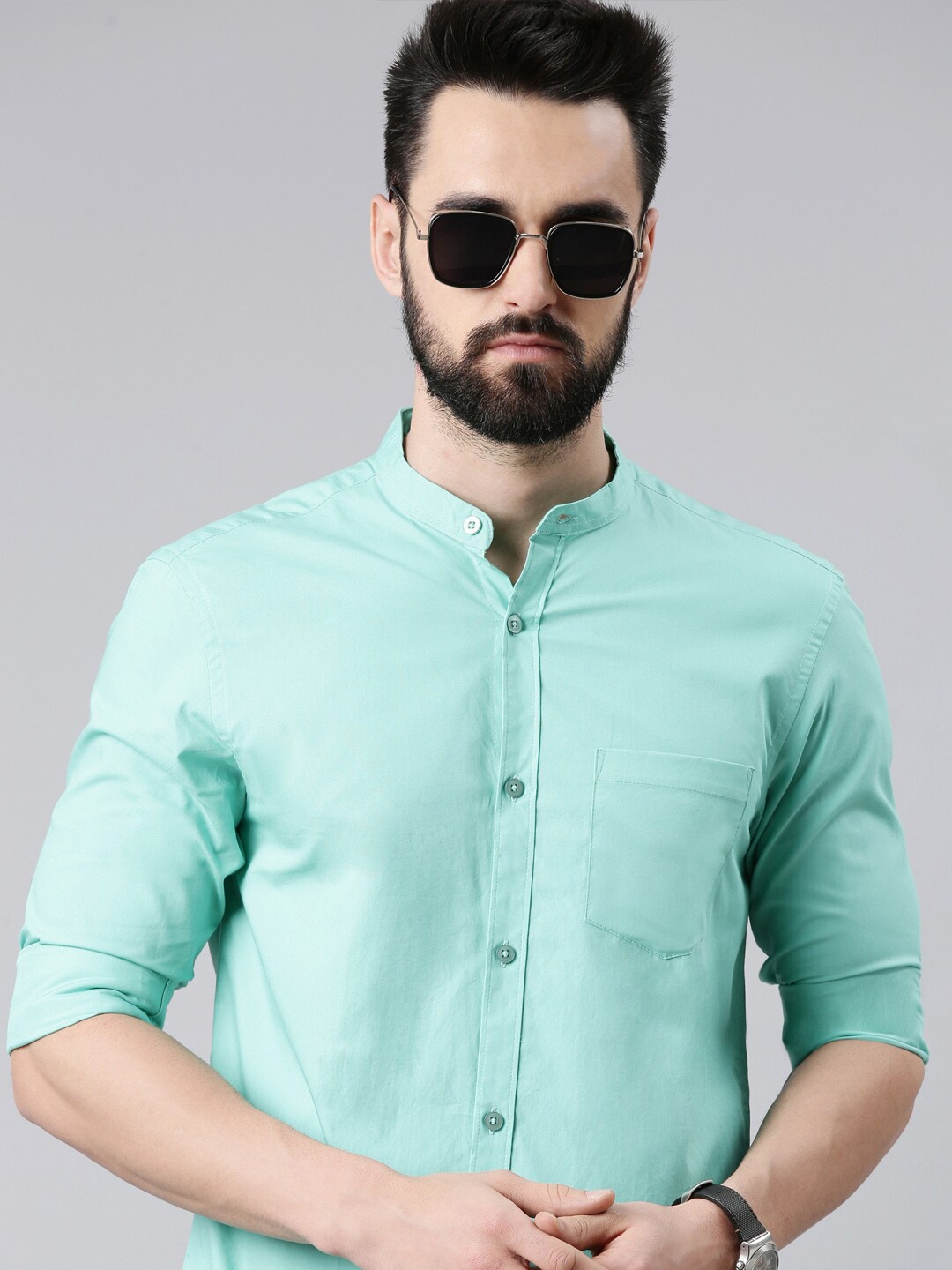 

THE SOUL PATROL Band Collar Regular Fit Pure Cotton Casual Shirt, Sea green