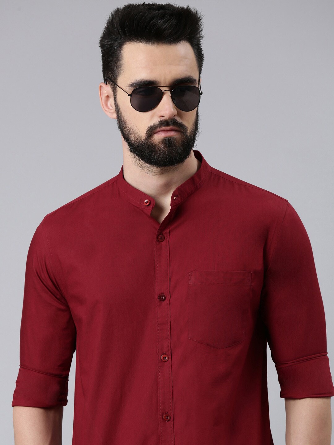 

THE SOUL PATROL Band Collar Regular Fit Pure Cotton Casual Shirt, Maroon