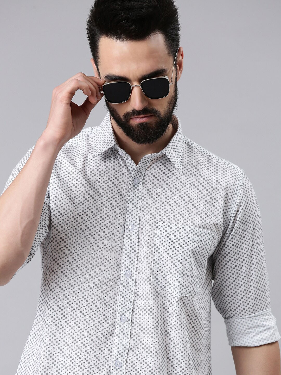 

THE SOUL PATROL Geometric Printed Spread Collar Pure Cotton Regular Fit Casual Shirt, White