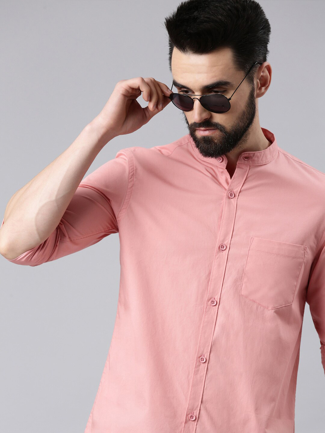 

THE SOUL PATROL Band Collar Regular Fit Pure Cotton Casual Shirt, Pink