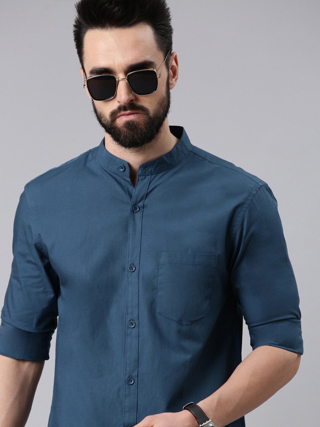 

THE SOUL PATROL Band Collar Regular Fit Pure Cotton Casual Shirt, Teal