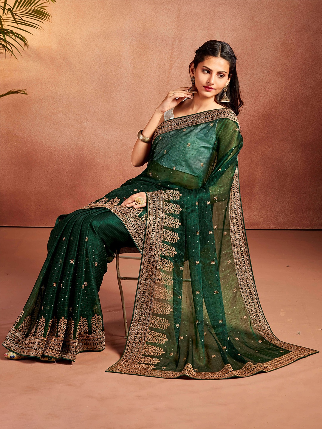 

MAHALASA Embellished Beads and Stones Pure Chiffon Saree, Green