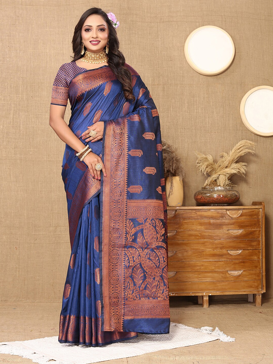 

MARGI DESIGNERS Ethnic Motifs Woven Design Zari Chanderi Saree, Navy blue