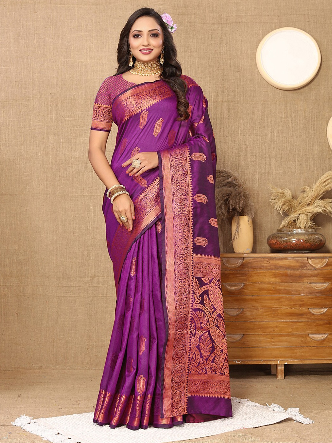 

MARGI DESIGNERS Ethnic Motifs Woven Design Zari Chanderi Saree, Purple