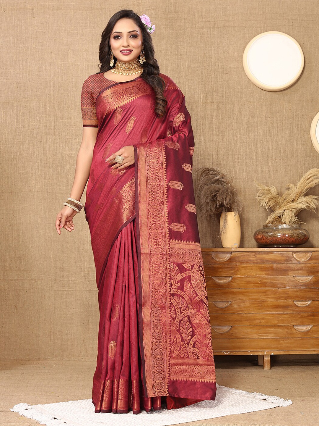 

MARGI DESIGNERS Ethnic Motifs Woven Design Zari Chanderi Saree, Maroon