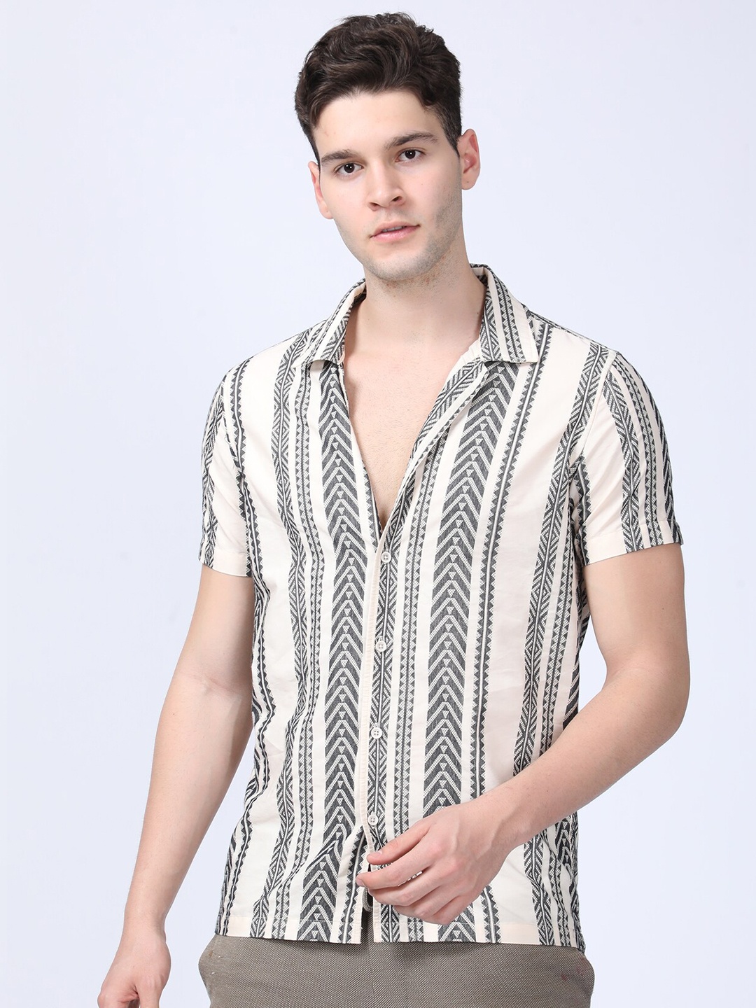 

POE Smart Slim Fit Abstract Printed Cotton Casual Shirt, Beige