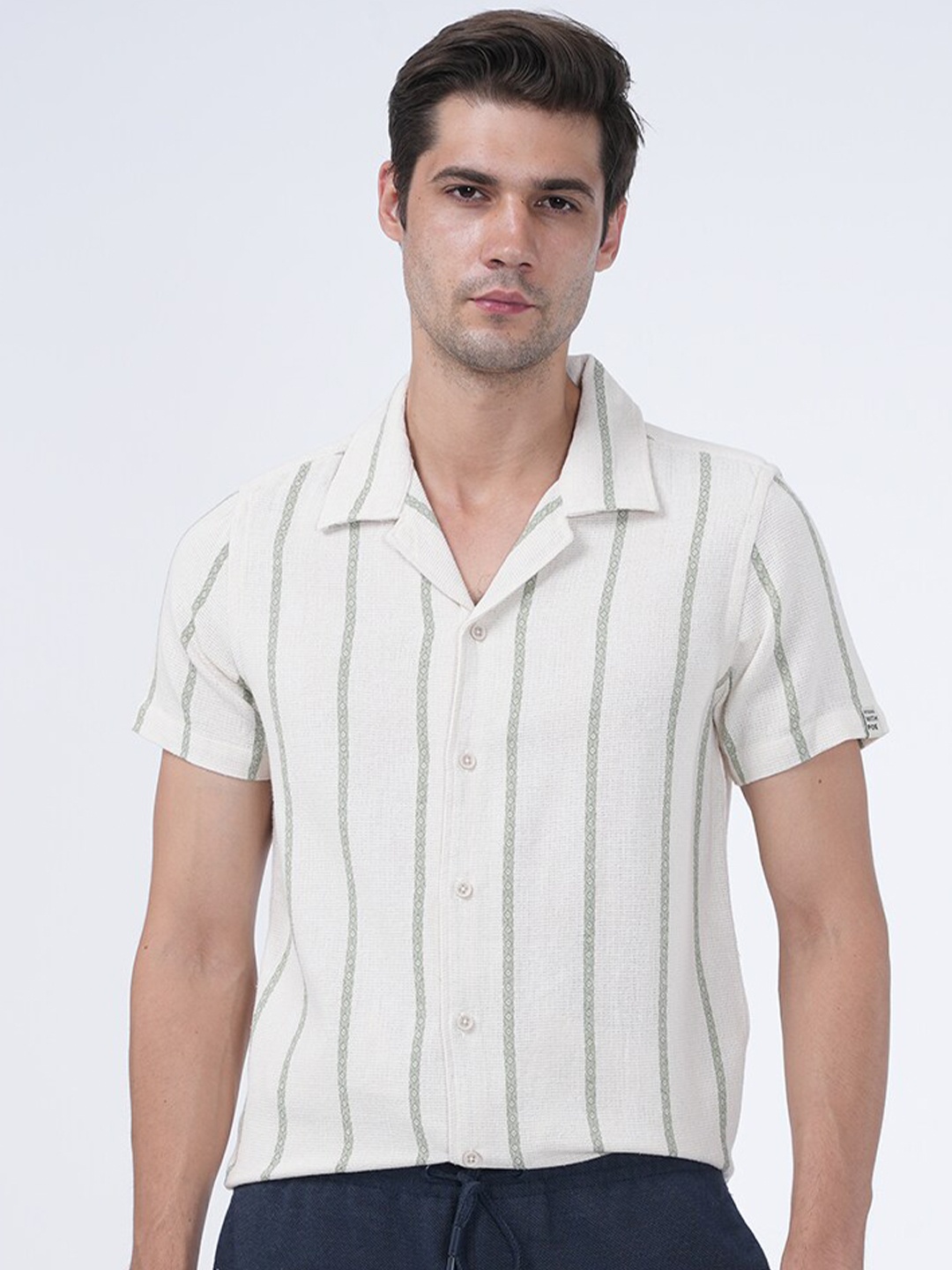 

POE Men Smart Slim Fit Striped Cuban Collar Cotton Shirt, Green