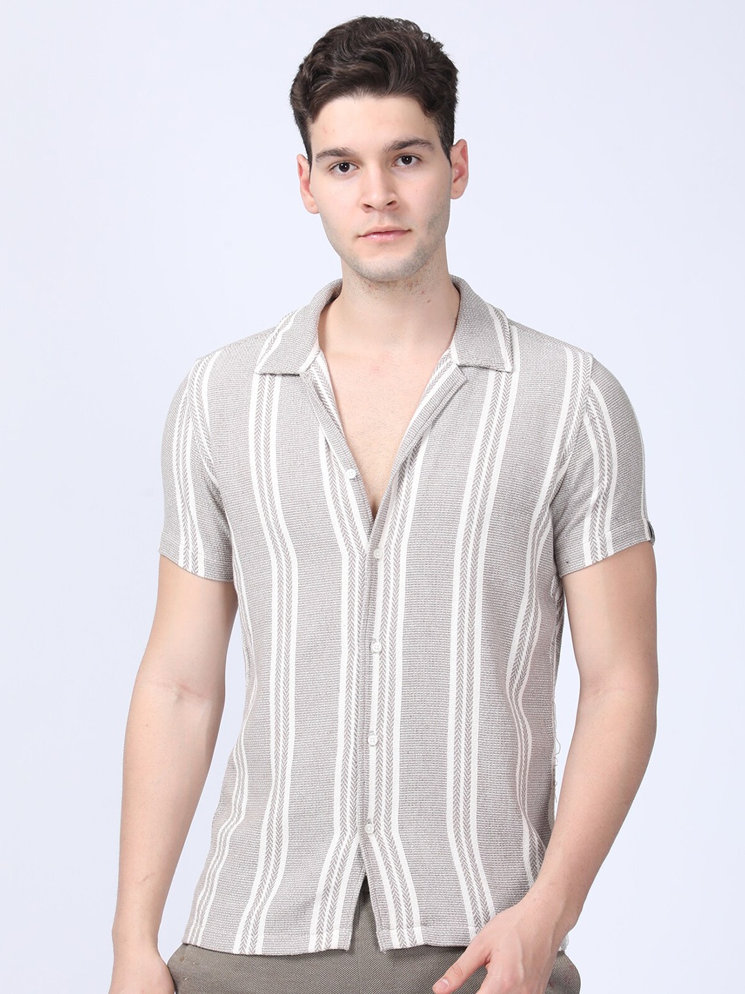 

POE Smart Slim Fit Vertical Stripes Cotton Casual Shirt, Beige