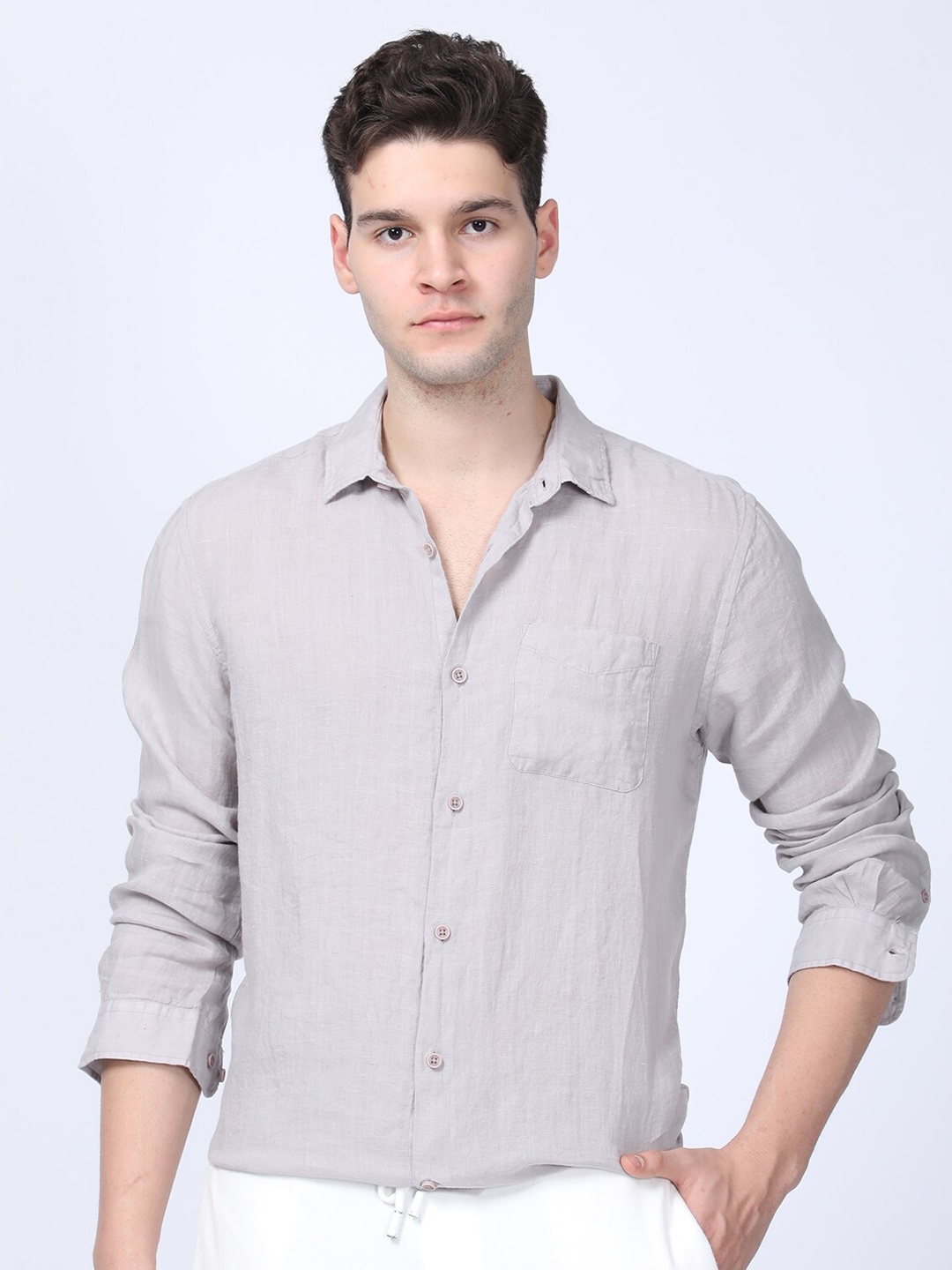 

POE Smart Slim Fit Opaque Pure Linen Casual Shirt, Grey