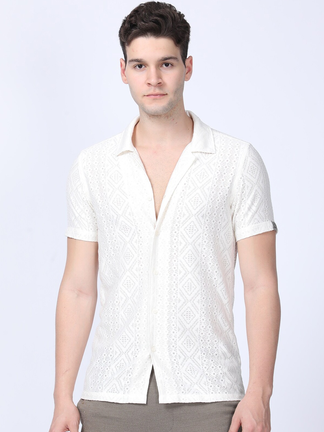 

POE Men Smart Slim Fit Self Design Crochet Cotton Shirt, Off white