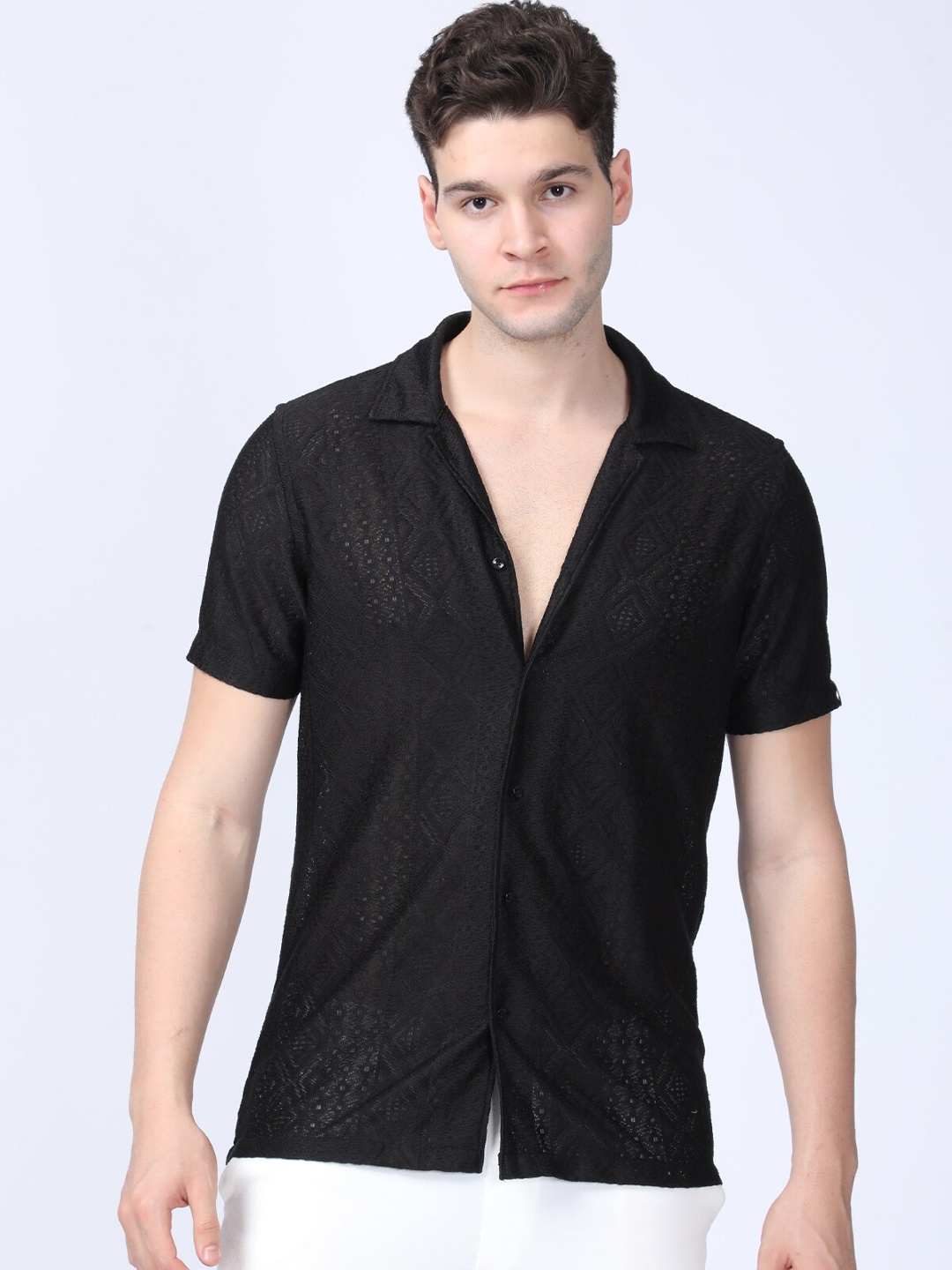 

POE Smart Self Design Slim Fit Opaque Casual Shirt, Black