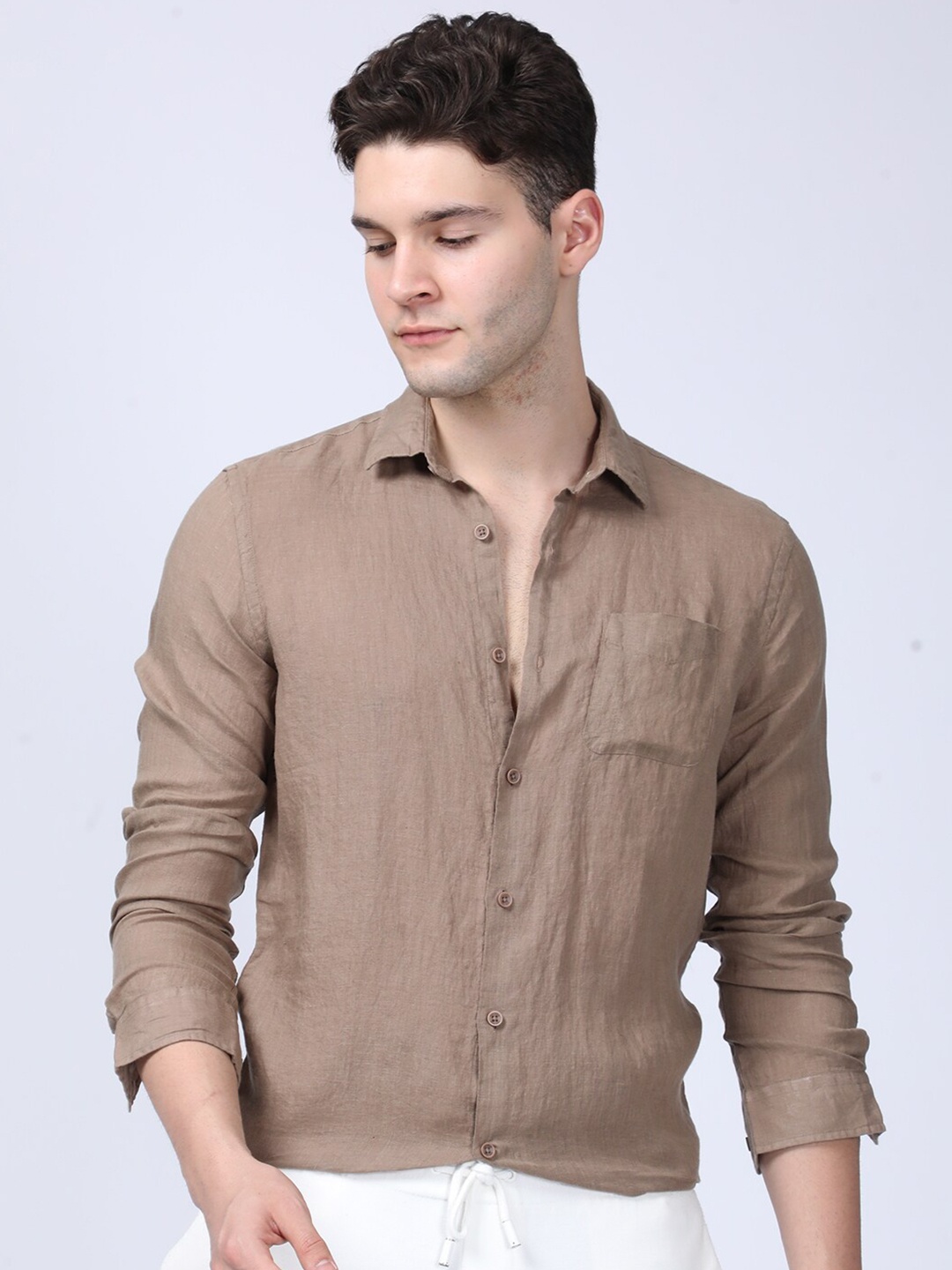 

POE Men Smart Slim Fit Opaque Casual Shirt, Khaki