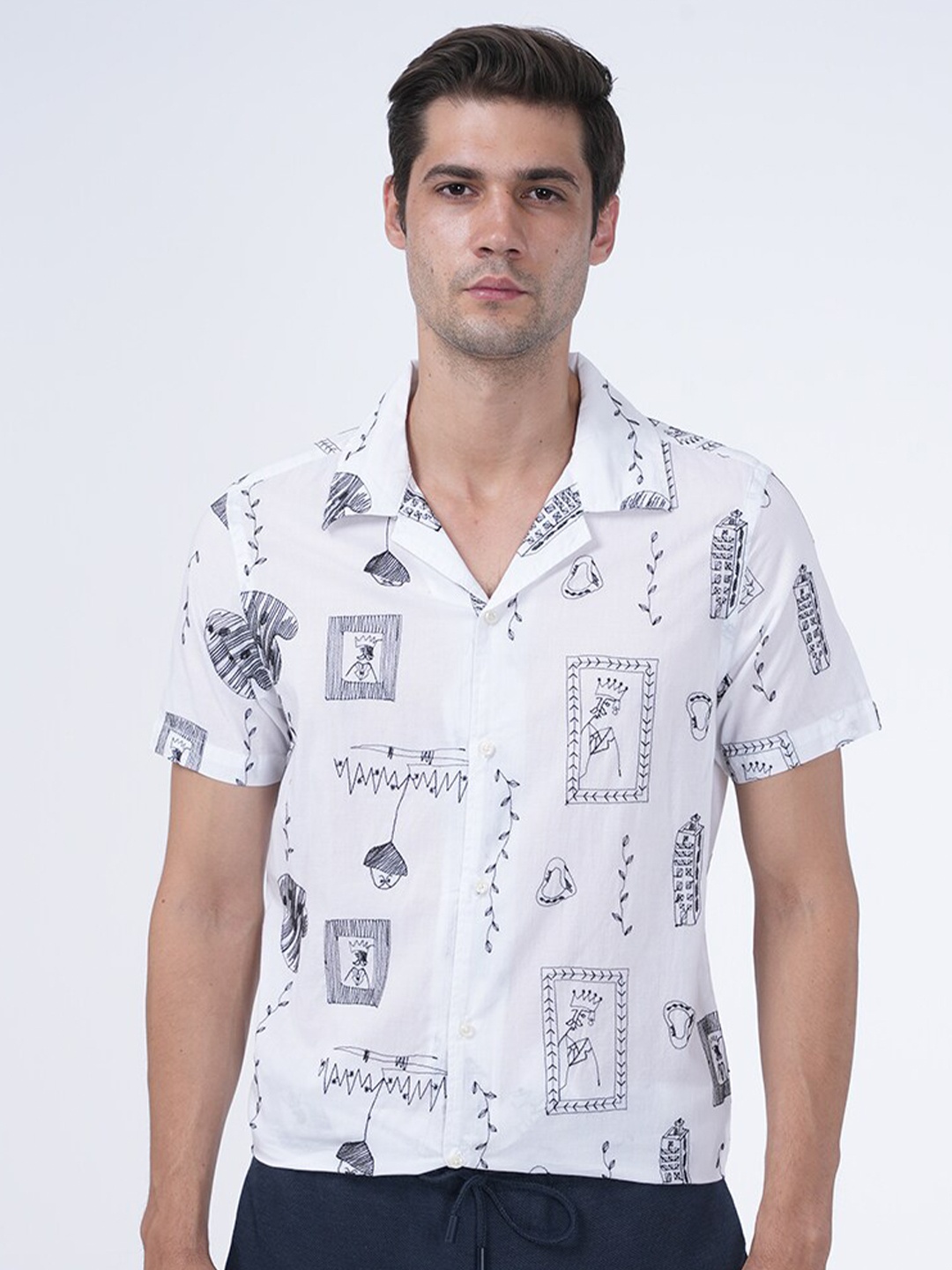 

POE Smart Slim Fit Graphic Printed Cuban Collar Cotton Shirt, White