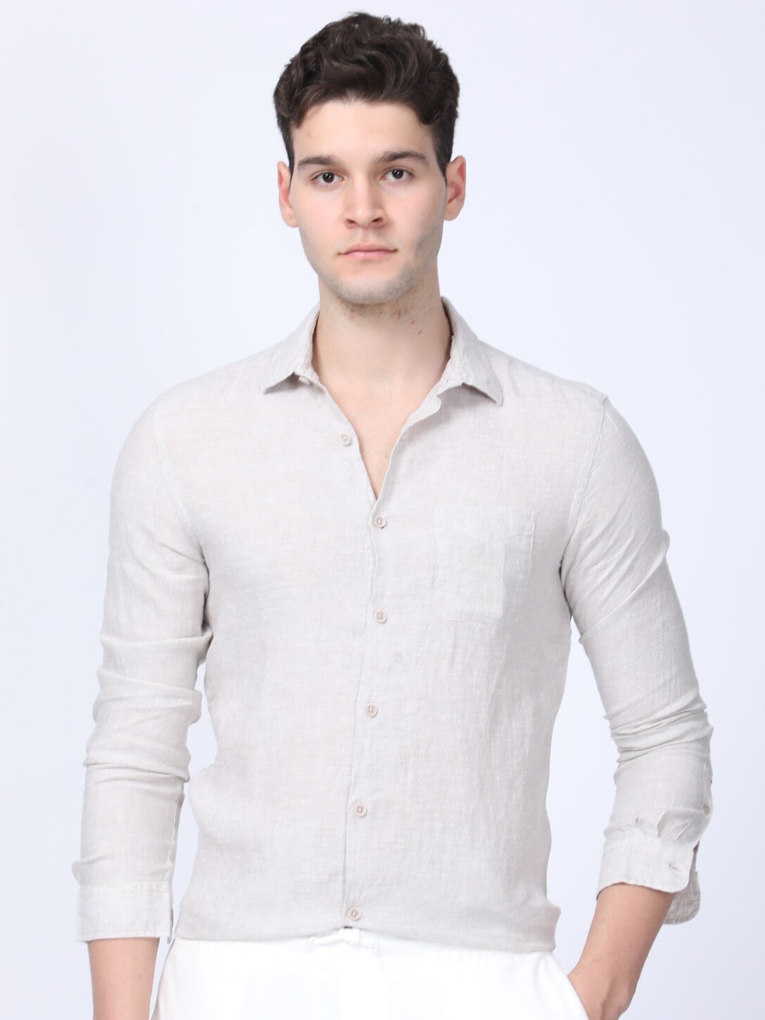 

POE Smart Spread Collar Linen Curved Slim Fit Formal Shirt, Beige