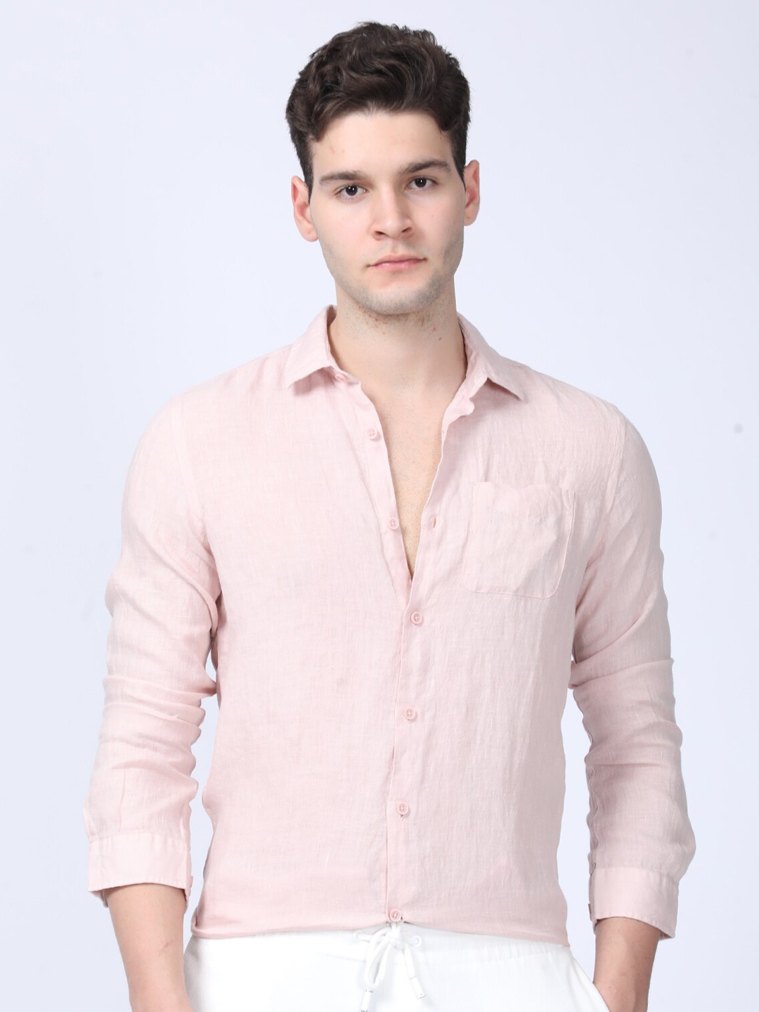 

POE Men Smart Slim Fit Spread Collar Linen Shirt, Peach