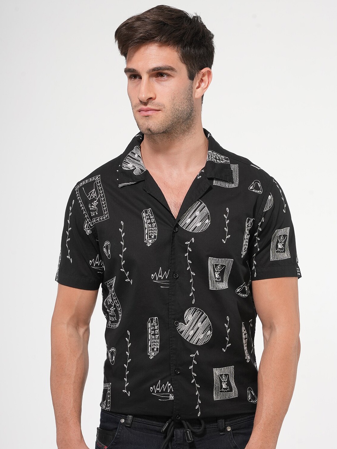 

POE Smart Slim Fit Opaque Abstract Printed Cotton Casual Shirt, Black