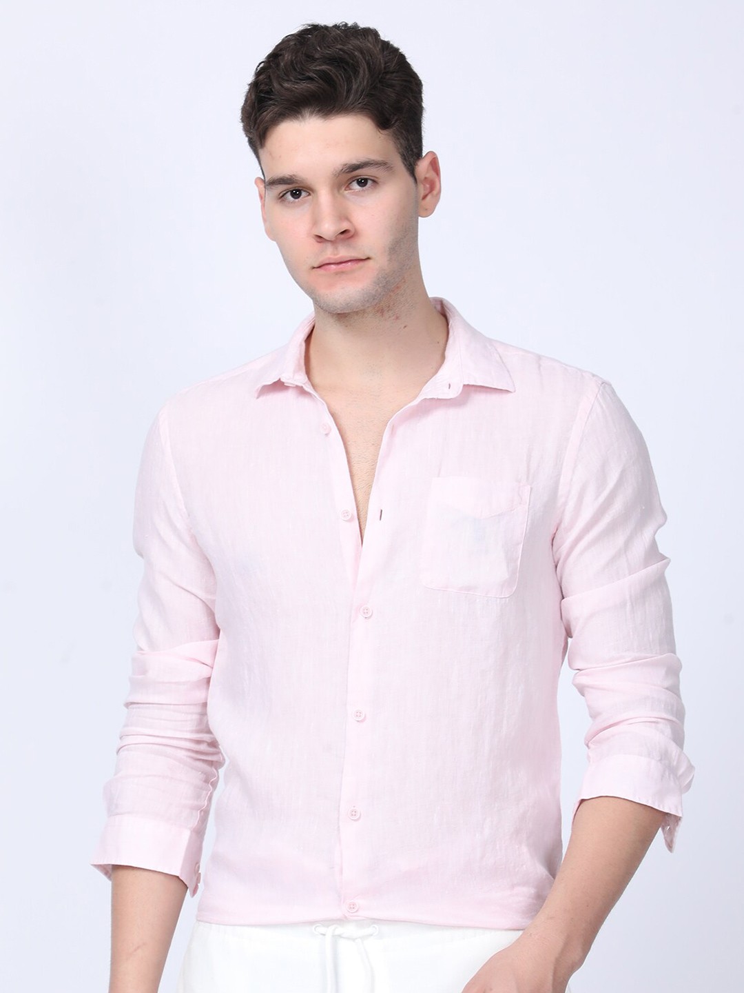 

POE Men Smart Slim Fit Cotton Pure Linen Casual Shirt, Pink