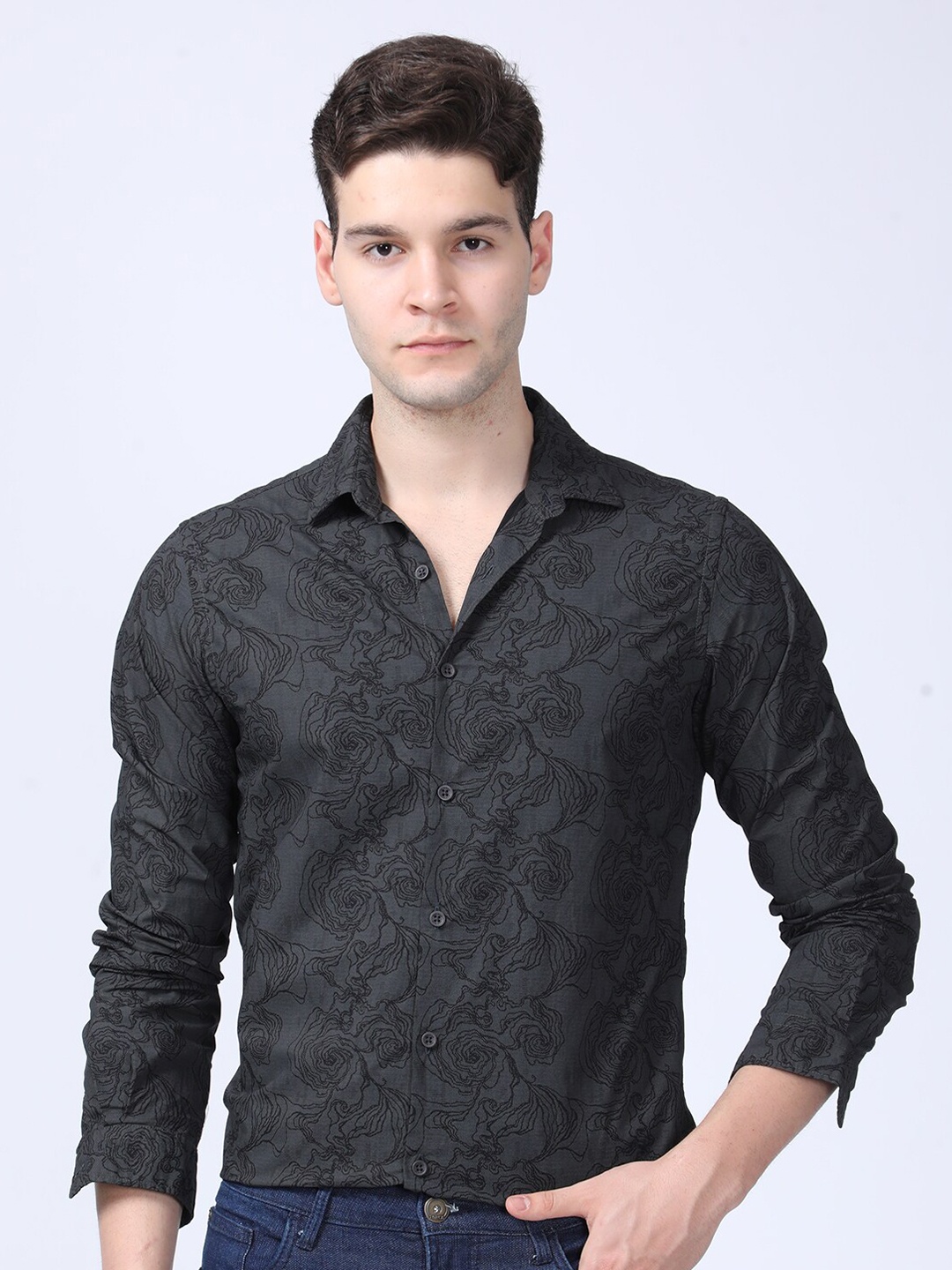 

POE Smart Floral Printed Cotton Spread Collar Slim Fit Casual Shirt, Black