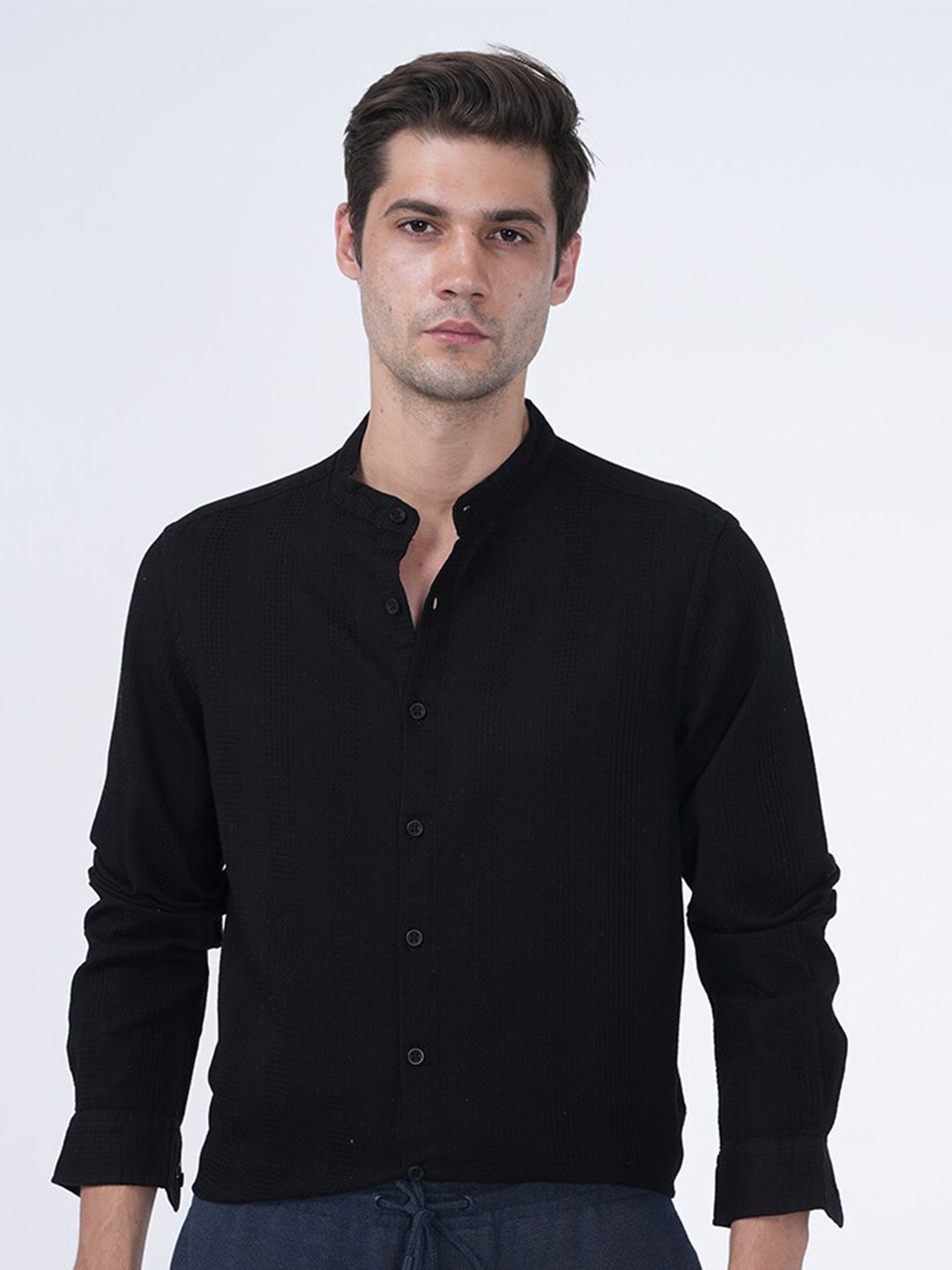 

POE Men Smart Slim Fit Band Collar Cotton Shirt, Black