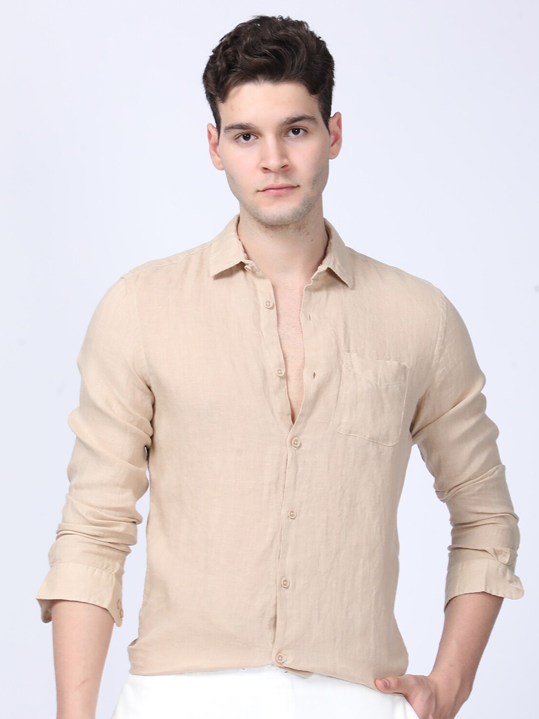 

POE Smart Spread Collar Linen Curved Slim Fit Casual Shirt, Beige