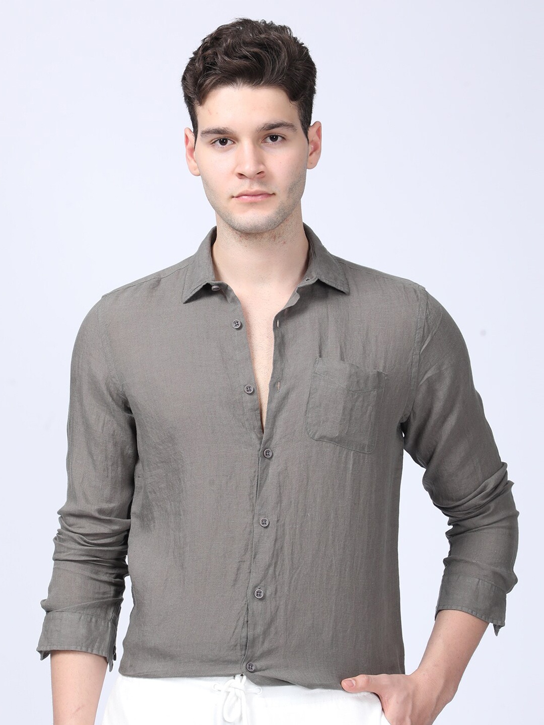 

POE Men Smart Slim Fit Opaque Striped Casual Shirt, Olive