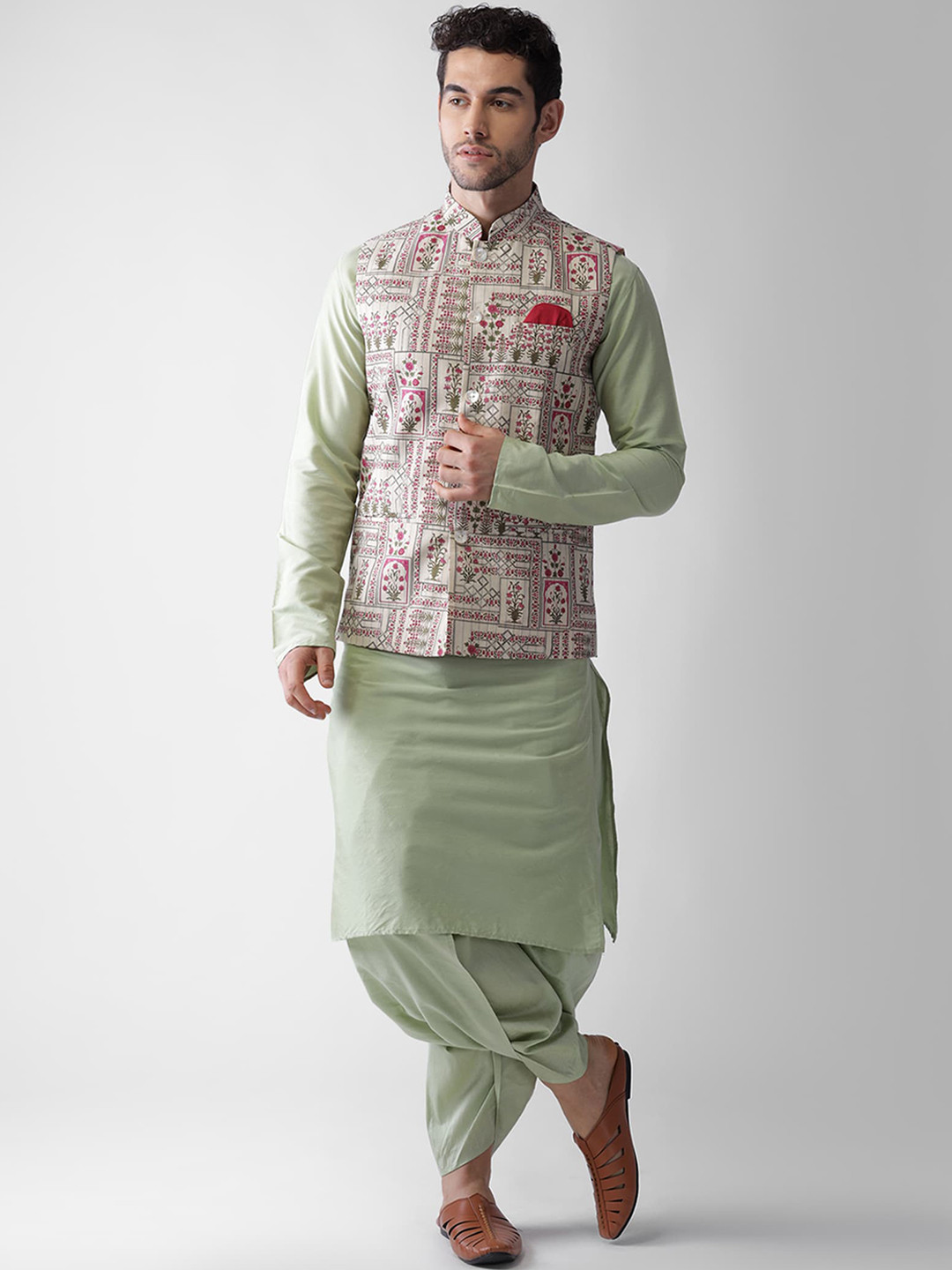 

KISAH Men Mandarin Collar Straight Kurta With Dhoti Pants & Printed Nehru Jacket, Sea green