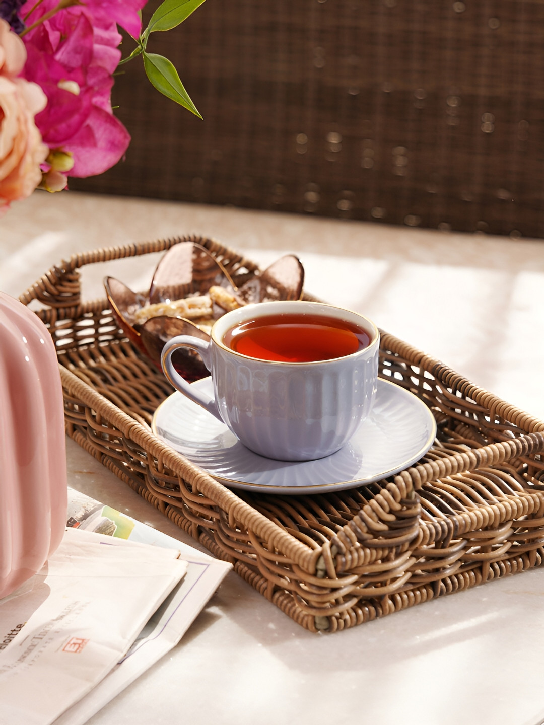 

Pure Home and Living 2 Pieces Ceramic Ribbed Cups and Saucers, Purple