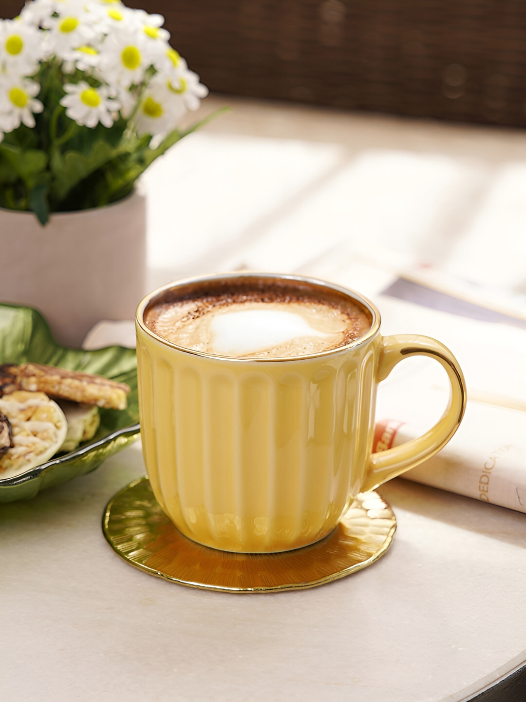 

Pure Home and Living 2 Pieces Yellow Ceramic Ribbed Mugs