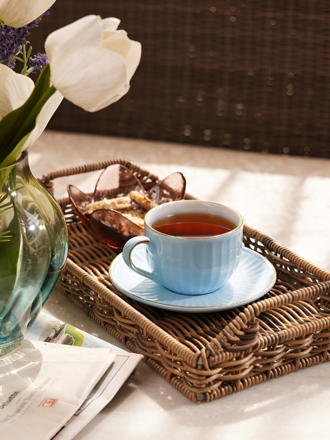 

Pure Home and Living 4-Pcs Blue Ribbed Textured Ceramic Tea Cups & Saucers