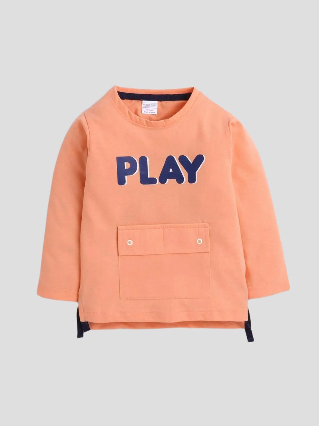 

Polka Tots Boys Typography Printed Round Neck Cotton Pockets T-shirt, Peach