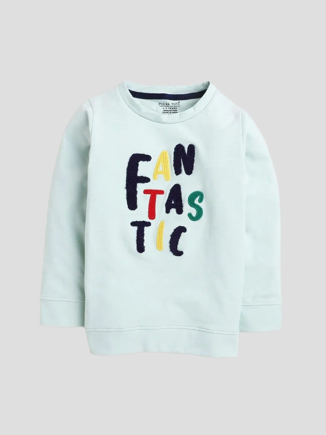 Polka Tots Boys Typography Printed Round Neck Cotton Applique T-shirt, Green
