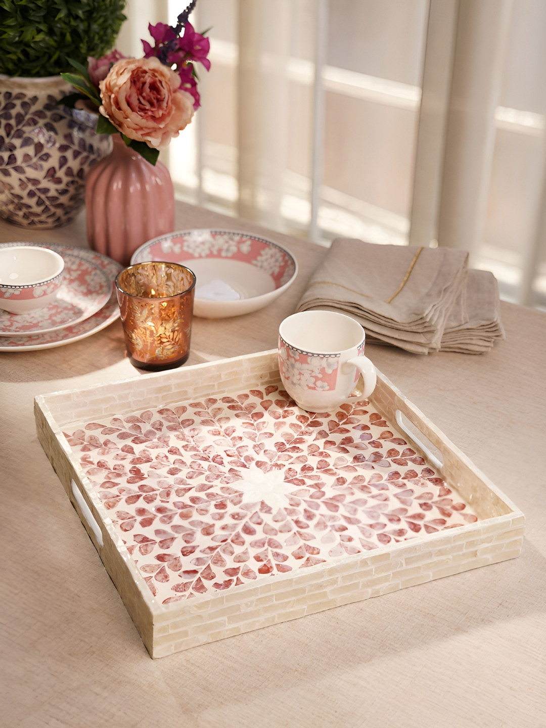 

Pure Home and Living Beige & Pink Printed Square Tray