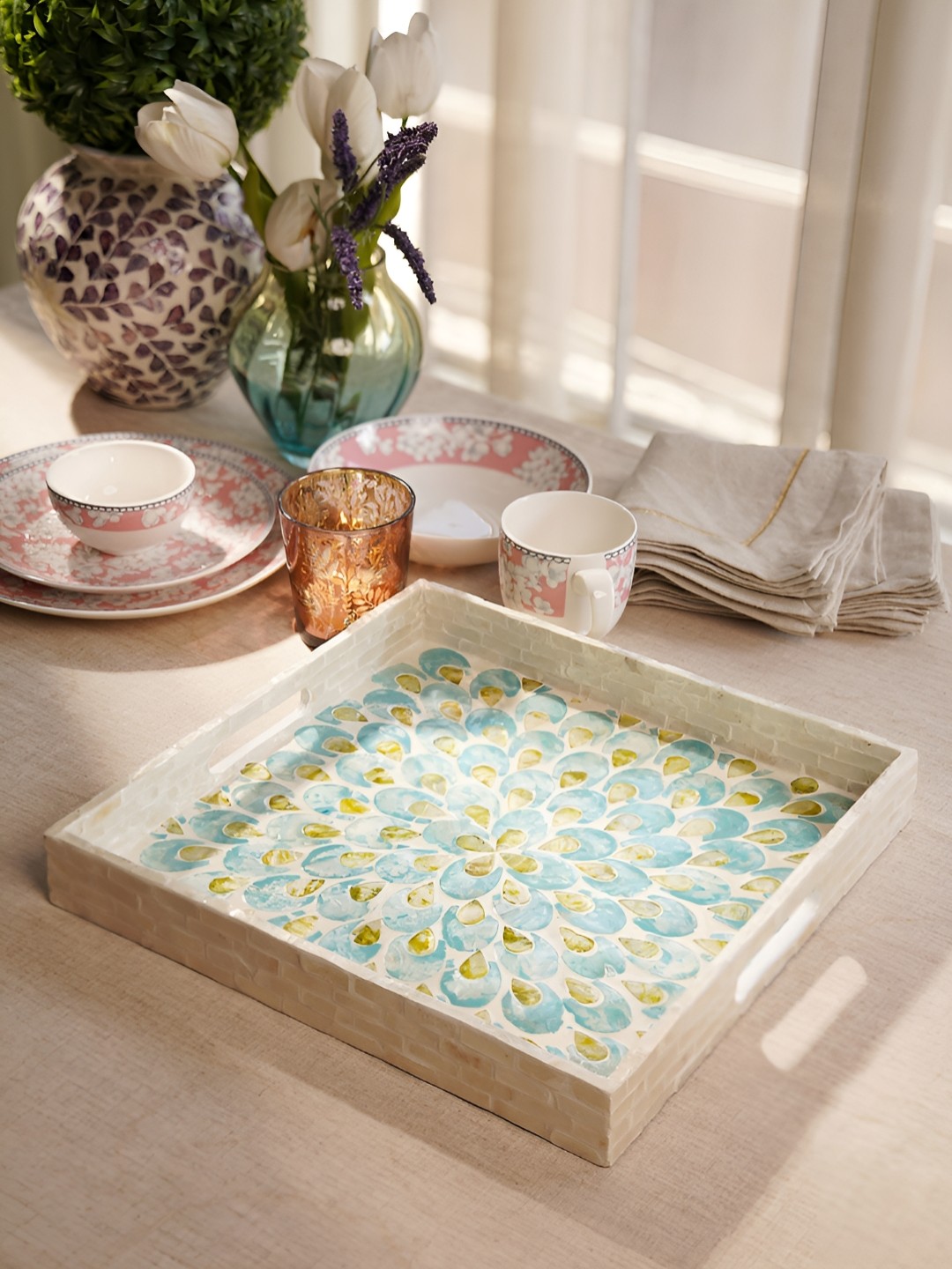 

Pure Home and Living Blue & Green Mother Of Pearl Square Tray