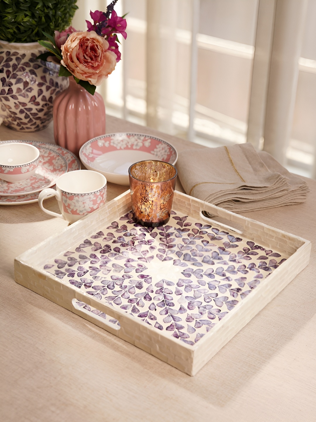

Pure Home and Living Purple Printed Mother of Pearl Square Tray