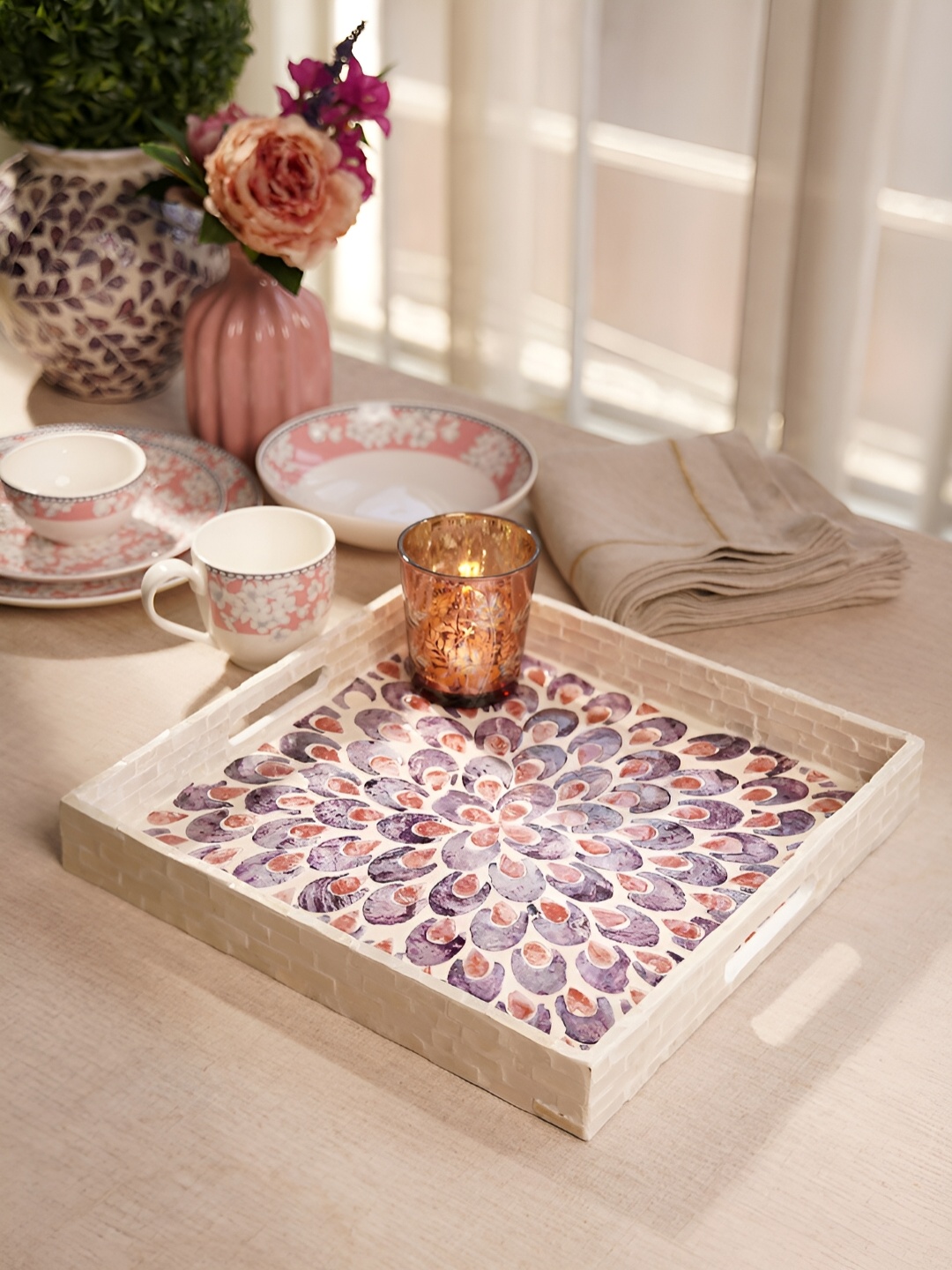 

Pure Home and Living Beige & Pink Printed Square Tray