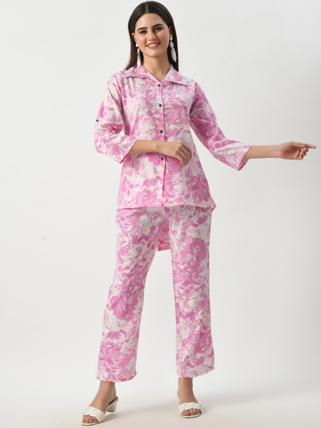 

BAESD Floral Printed Shirt Collar Cotton Shirt With Trousers, Pink