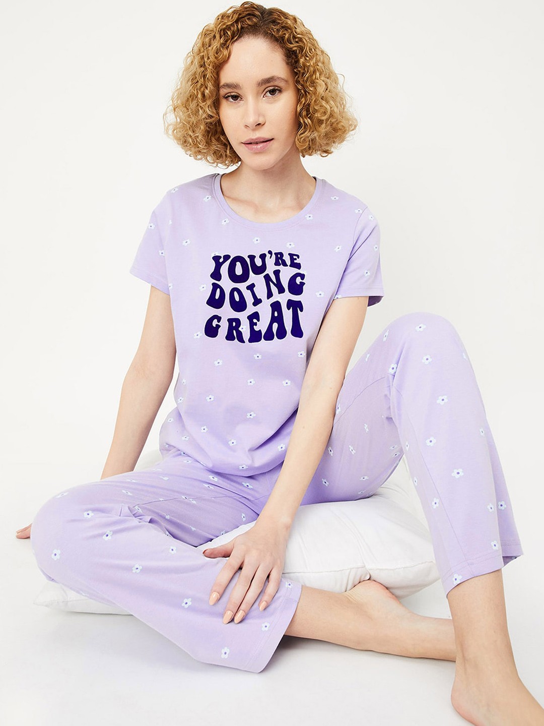 

max Printed Pure Cotton Top With Pyjamas, Purple