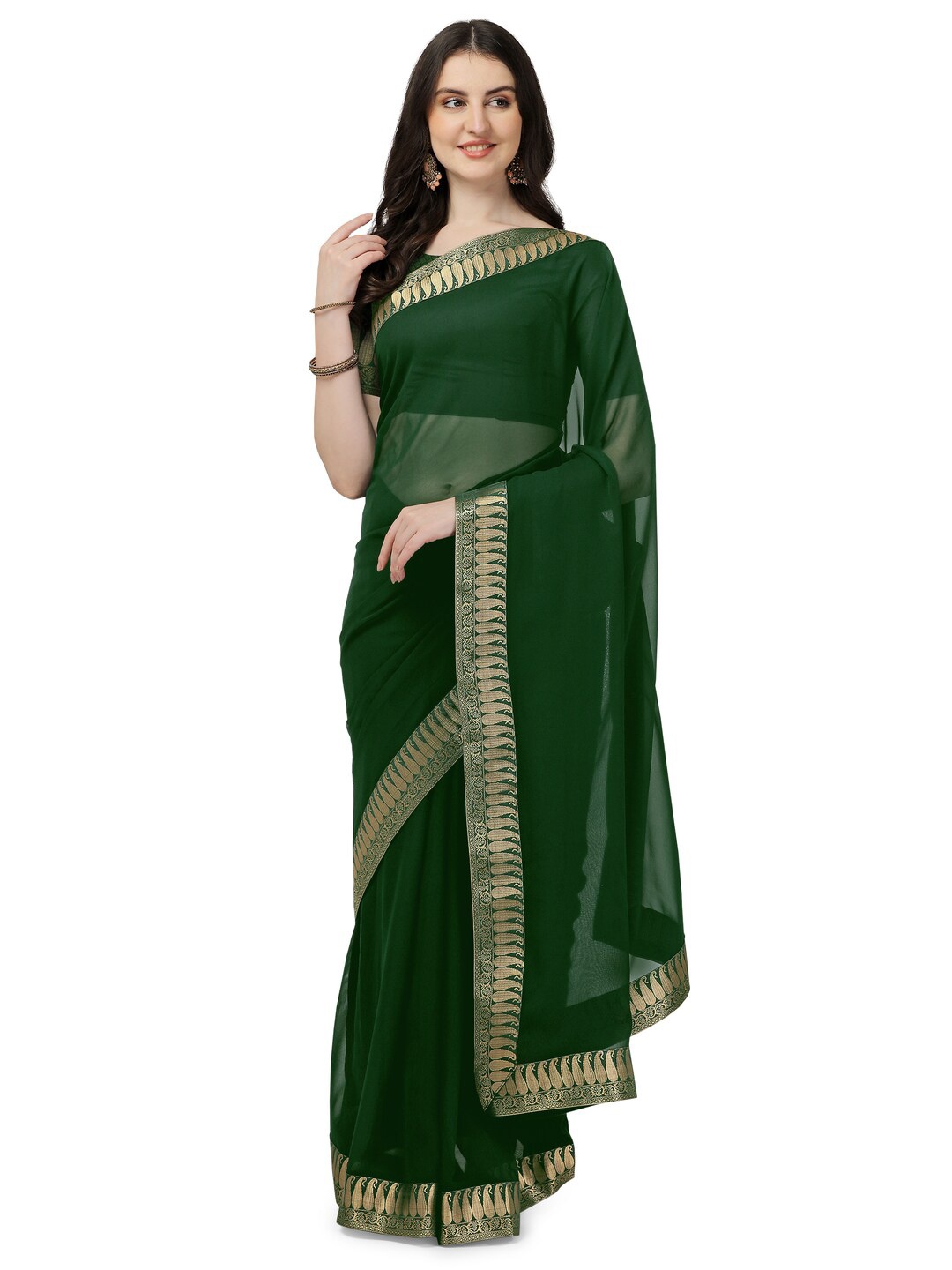 

trihut Zari Poly Georgette Saree, Green