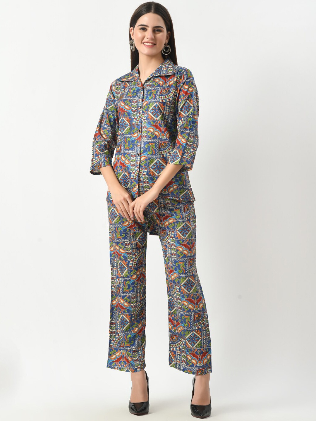 

BAESD Printed Cotton Collar Shirt With Palazzos, Blue
