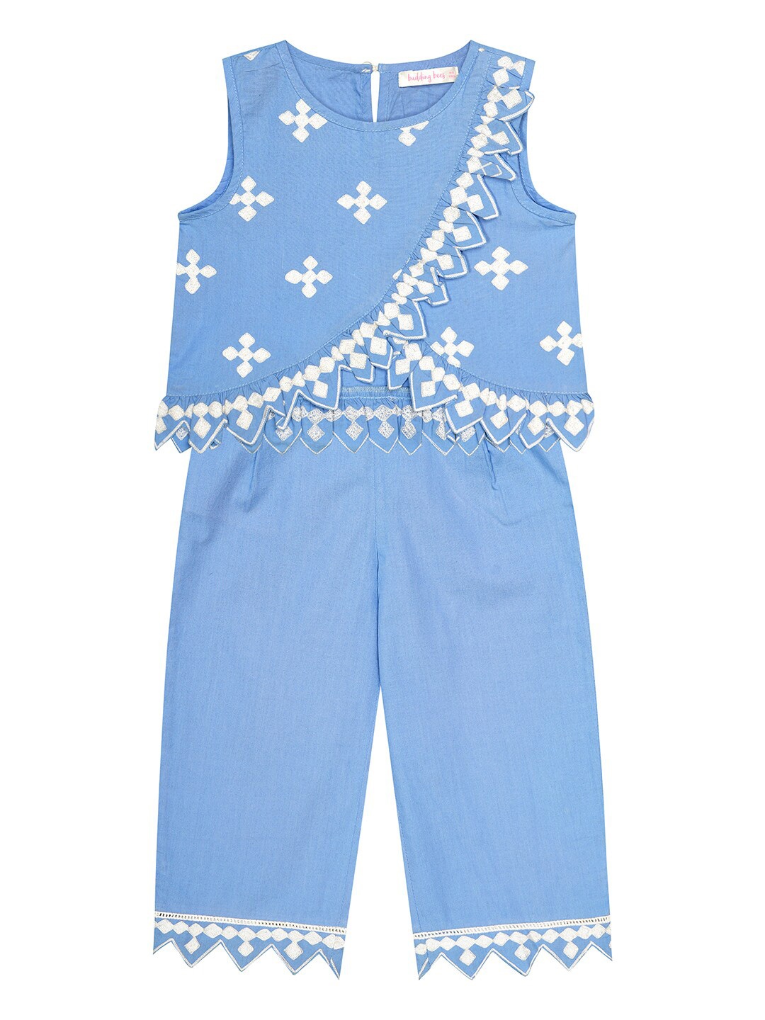 

Budding Bees Girls Embroidered Cotton Top With Palazzos, Blue