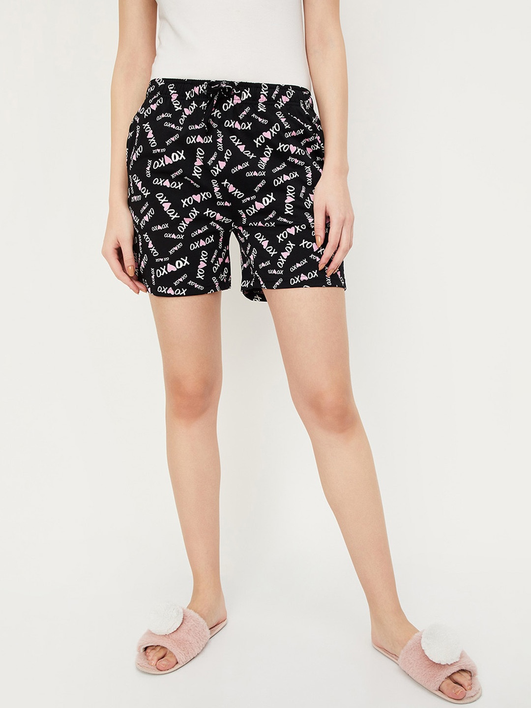 max Women Typography Printed Pure Cotton Shorts, Black