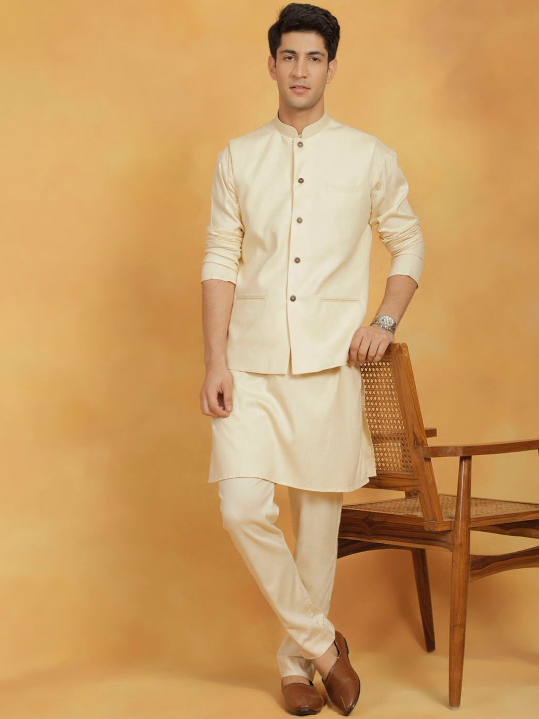 

VASTRAMAY Straight Cotton Linen Kurta with Trousers & Nehru Jacket, Cream