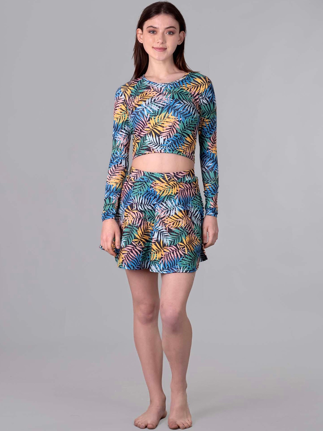

Keepfit Tropical Printed Padded Round Neck Top & Skirt Swim Set, Blue
