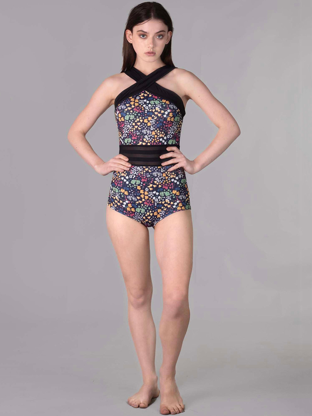 

Keepfit Floral Printed Crossover Padded Bodysuit, Black