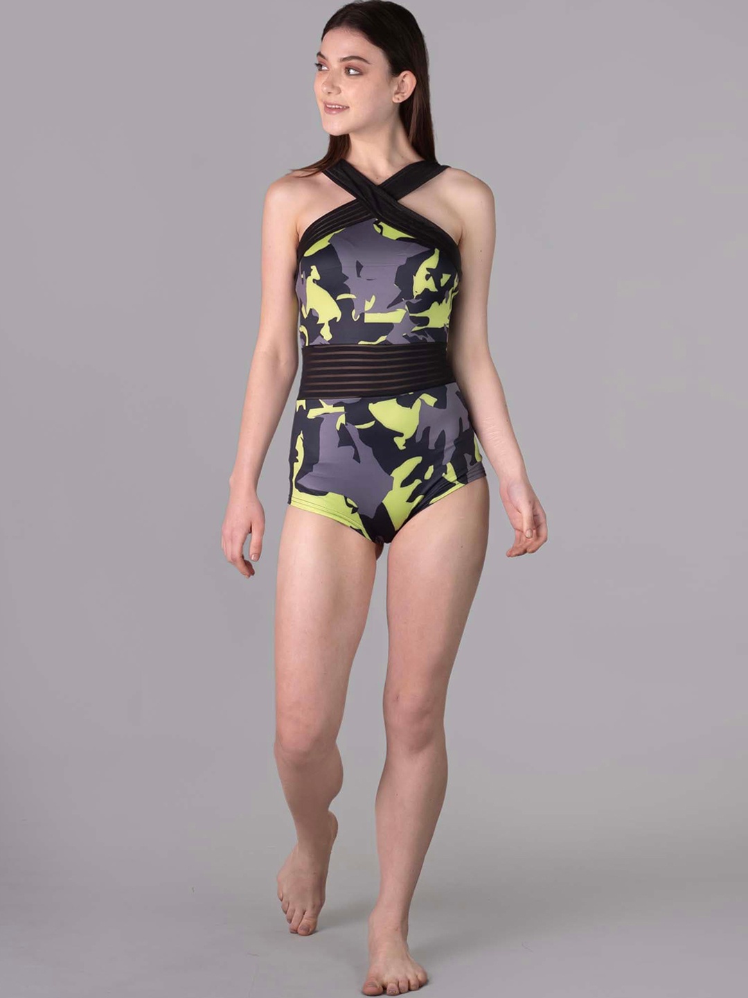 

Keepfit Abstract Printed Crossover Padded Bodysuit, Grey