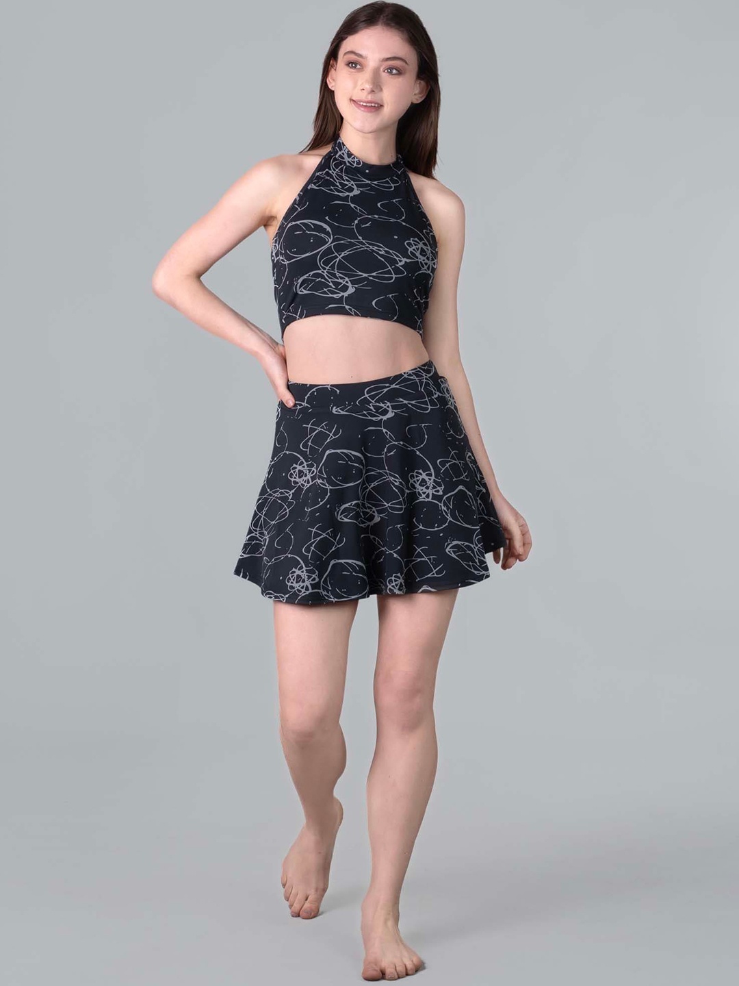 

Keepfit Abstract Printed Padded Halter Neck Top & Skirt, Black
