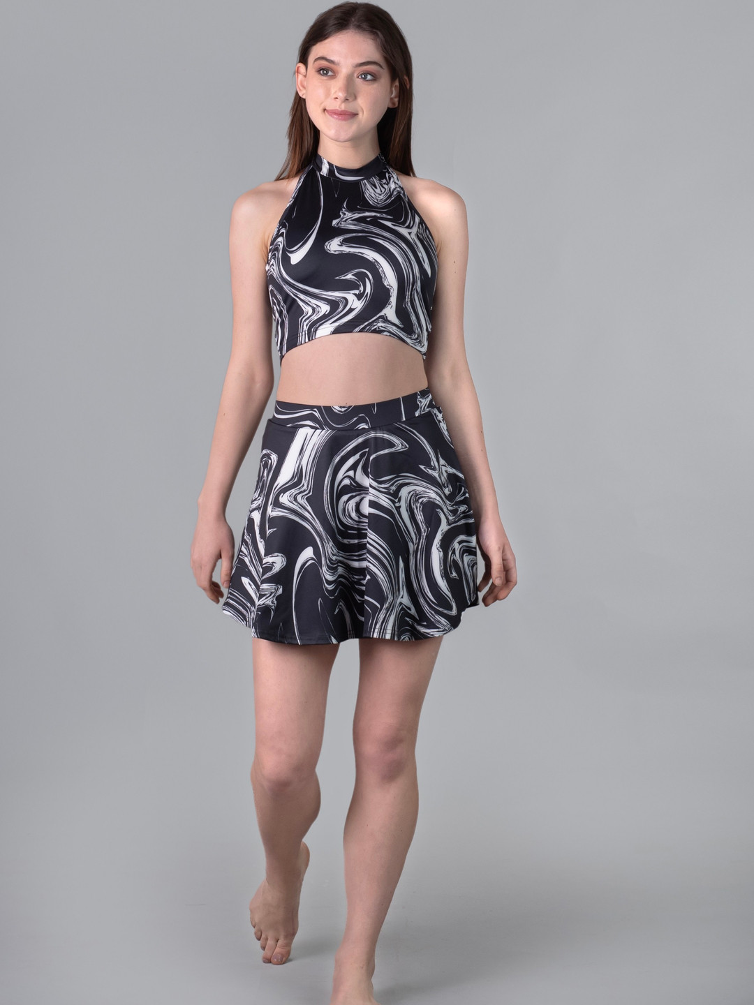 

Keepfit Abstract Printed Halter Neck Padded Swim Set, Black