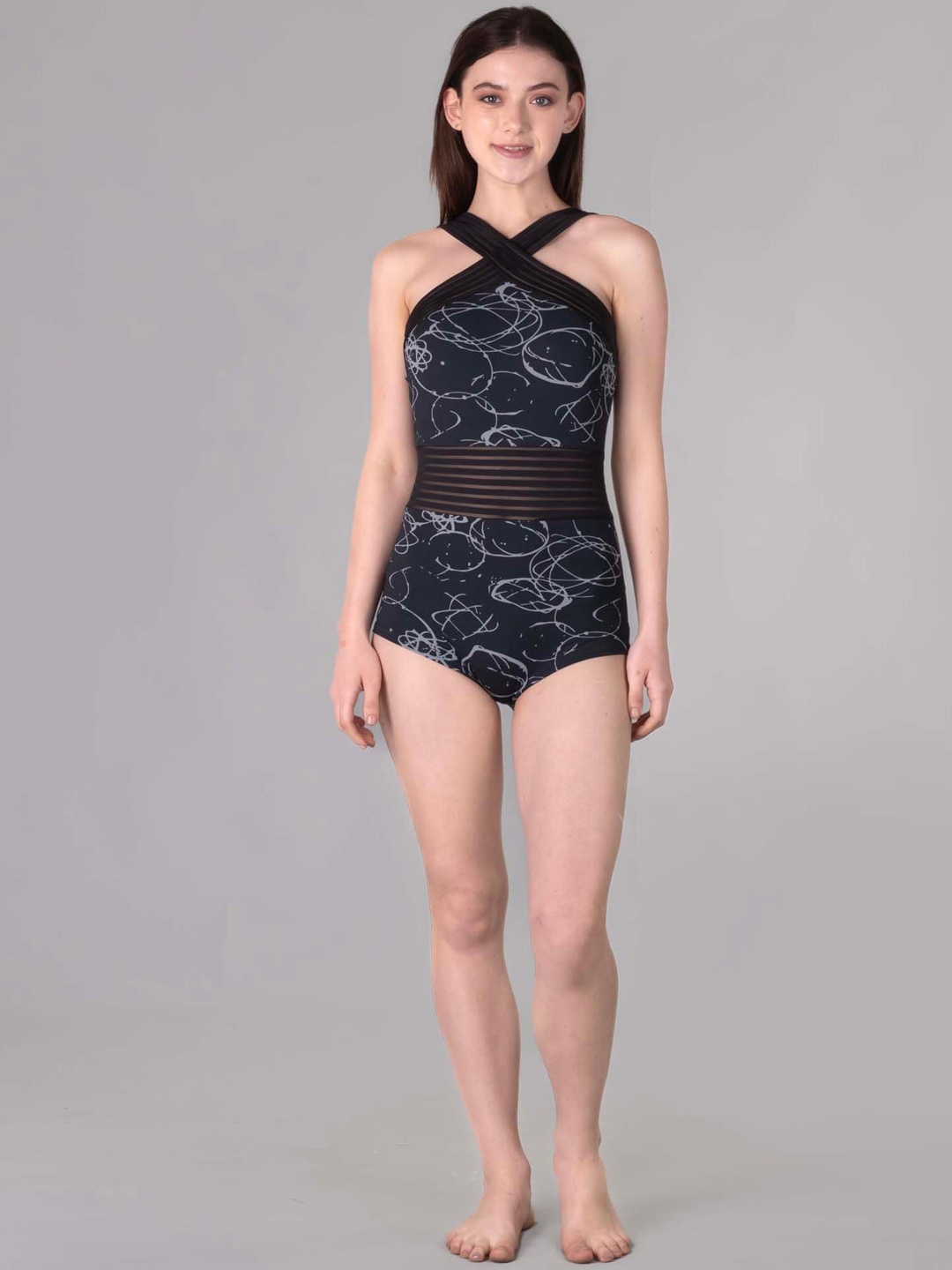 

Keepfit Abstract Printed Crossover Padded Bodysuit, Black