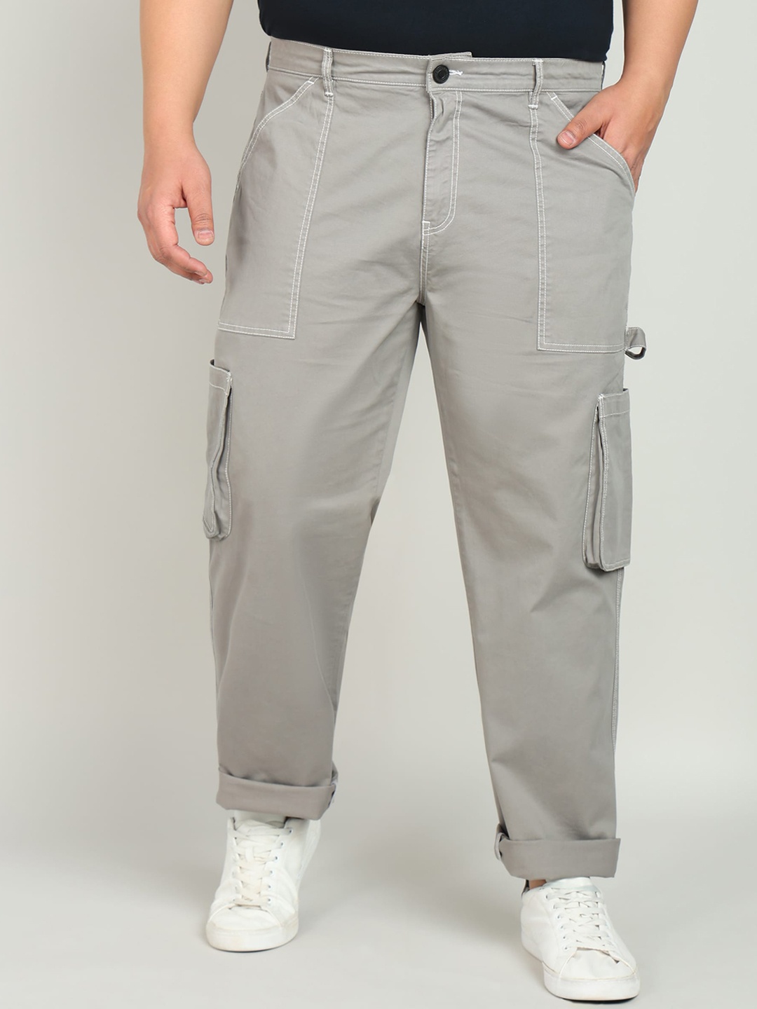 

Bene Kleed Plus Men Plus Size Straight Fit Carpenter Style Cargos, Grey