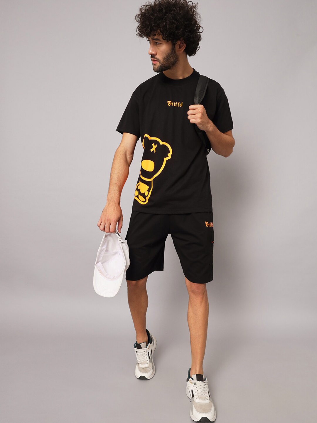 

GRIFFEL Graphic Printed Round Neck Pure Cotton T-shirt With Shorts Co Ords, Black